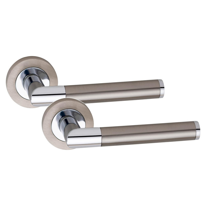 Golden Grace 6 Pairs Mitred Design Door Handles on Round Rose in Satin Nickel Polished Chrome Finish with 2.5" Tubular Latch - 52mm Diameter