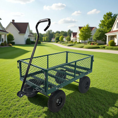Chariot de jardin pliable robuste avec côtés détachables, capacité de 550 livres, pneus pneumatiques de 10 pouces et direction à 180 degrés pour un transport extérieur sans effort.