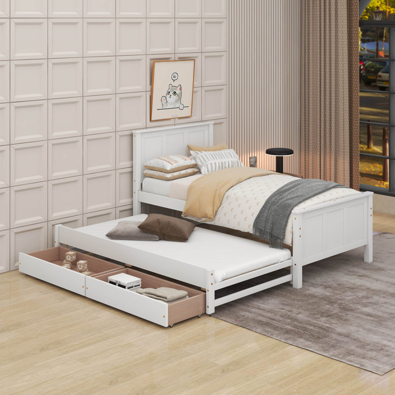 Lit plateforme simple avec lit gigogne et tiroirs, Blanc