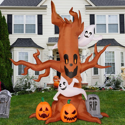 Arbre gonflable effrayant d'Halloween 8 pi avec lumières DEL fantôme, citrouille et pierre tombale