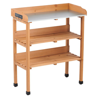 Table de rempotage 30,5l 14,6w 35,5h avec 3, construction en bois massif et plateau en métal, banc de travail extérieur pour atelier de jardin, avec pieds réglables