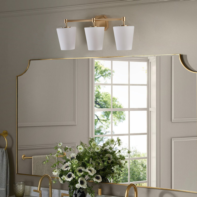 3-Bulb E26 Base Gold Metal Vanity Light with White Glass Shade, Dimmable, UL Certified