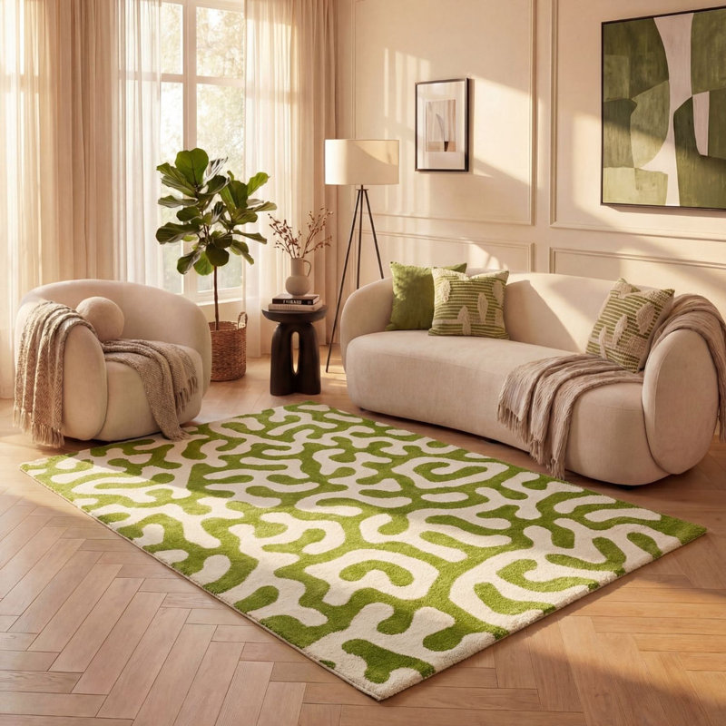 Joli Abstract Doodle Area Rug Soft Dense Pile for Living Rooms and Bedrooms, Green/White, Rectangle 120 x 170 cm