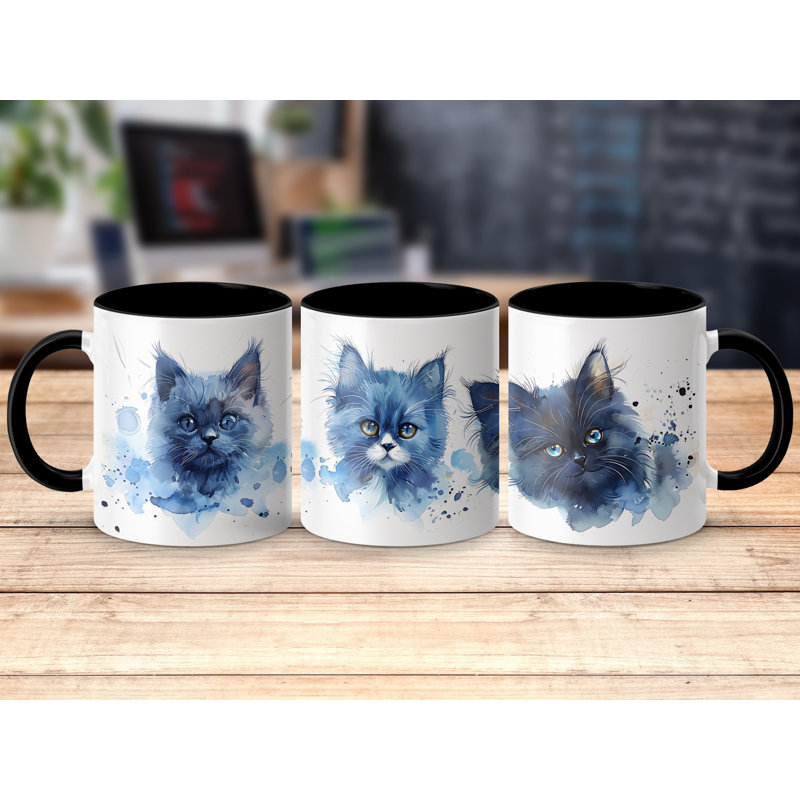 Cat Design 11oz Accent Mug â€“ White Ceramic Coffee Cup with Colored Handle and Interior, Black, 3