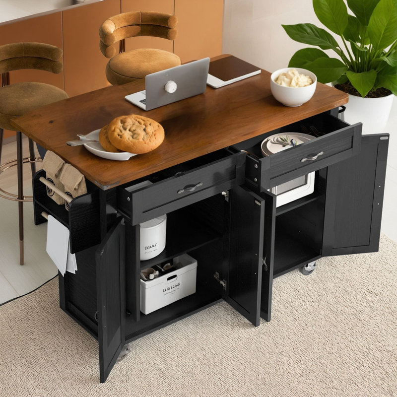 Farmhouse Kitchen Island With Power Outlets, Folding Plates, Spice Rack And Drawers, Includes Wheeled Rolling Cart For Home, Kitchen And Dining Room.