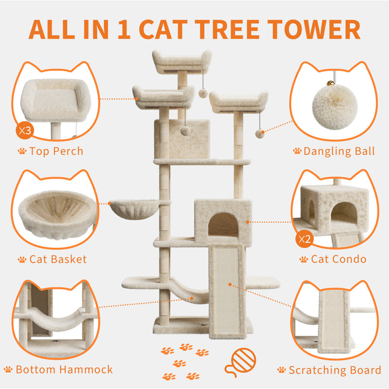 Tour à chat en peluche de 68,5 po de hauteur avec condos, Beige