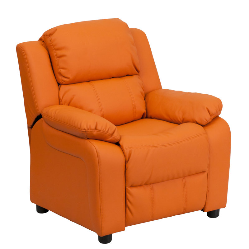 Degeorge Deluxe Padded Contemporary Kids Recliner with Storage Arms, Orange Vinyl