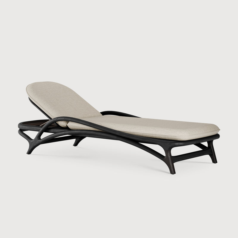 Zen outdoor adjustable lounger - varnished teak - black - beige structured, Dark Brown, Black