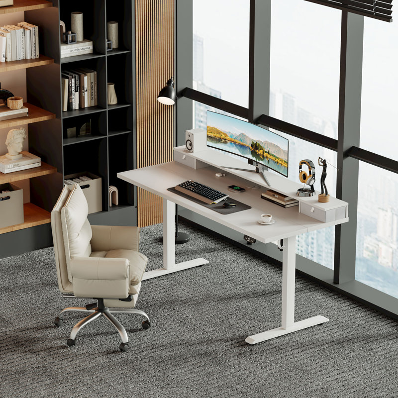 Electric Standing Desk With Drawers,Home Office Height Adjustable  Desk with Large Monitor Shelf, White/White