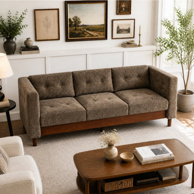 Canapé moderne 3 places de 198 cm (78 po) en chenille, avec accoudoirs carrés, dossier capitonné et pieds en bois d'hévéa naturel, canapé multi-coussins, marron