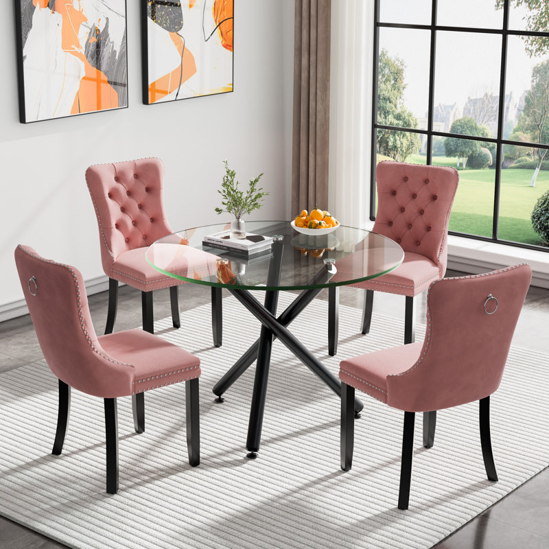 36" Glass Dining Room Table Set for 4, 5-Piece Round Black Dining Table with Metal Legs,  4pcs Velvet Upholstered Chairs with Wood Legs, Glass Kitchen Table and Chairs Set
