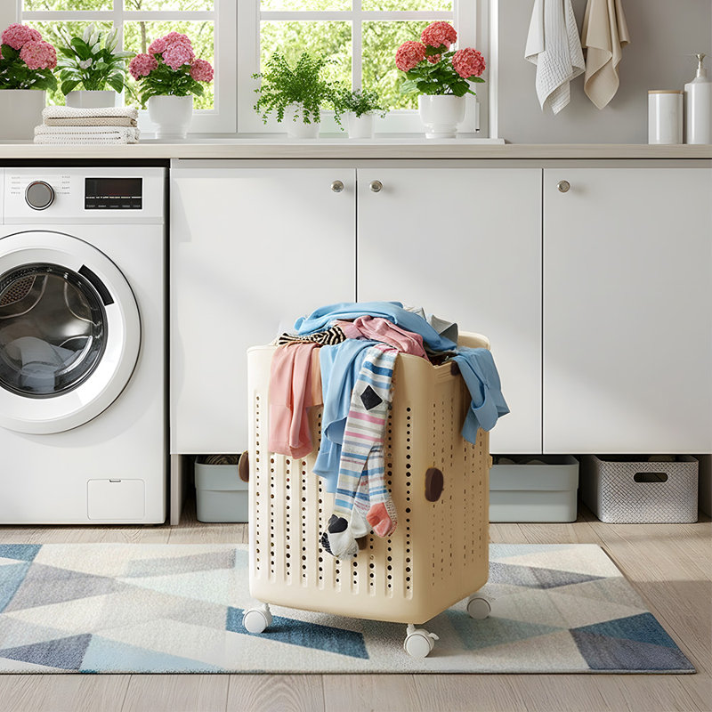 Plastic Laundry Basket, Cream, 47 cm H x 34 cm W x 31 cm D