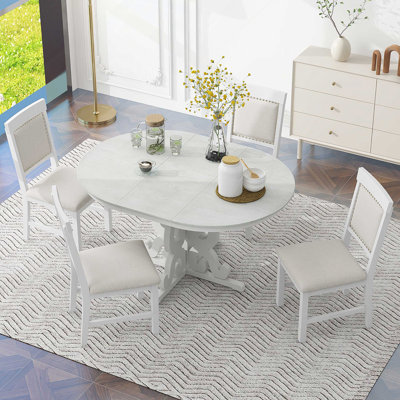 Ensemble de salle à manger 5 pièces rétro fonctionnel, 1 table extensible avec une rallonge de 16 pouces (blanc antique)