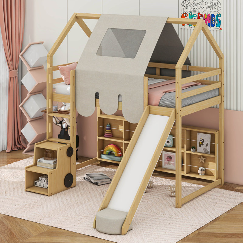Lit mezzanine avec structure en forme de maison et tente, Naturel / Beige, Lit simple