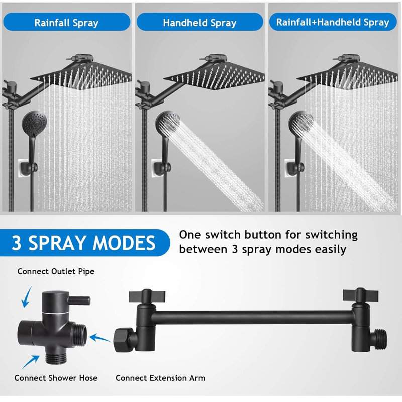 Matte Black Adjustable Height Rain Shower Head Combo with Handheld