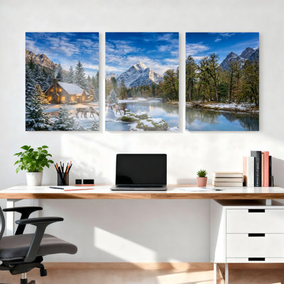 «Winter Mountain Cabin Landscape», ensemble de 3 reproductions d'art sur toile tendues sur toile