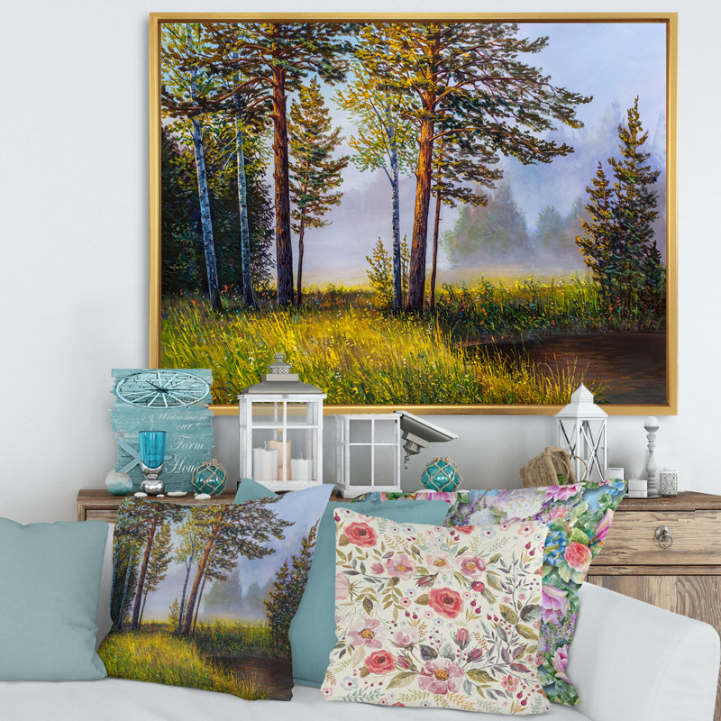 Lumière subtile du soir à travers les arbres III - peinture sur toile, Cadre flottant doré, H 24 po x l 32 po x P 1 po