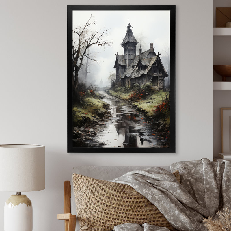 Maison hantée dans un paysage mystique, Cadre simple noir, H 20 po x l 12 po x P 1 po