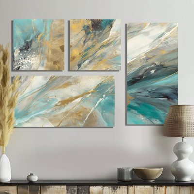 «Golden Hour In Turquoise Waves IV», art mural sur toile turquoise 4 pièces