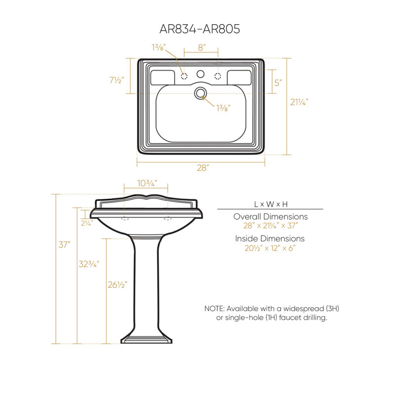 Isabella 26.5" Pedestal Vitreous China Bathroom Sink with Overflow, 8" Centers