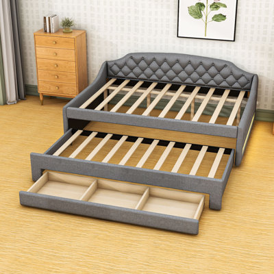 Full 3 Drawers Upholstered Daybed with Trundle and LED Lights