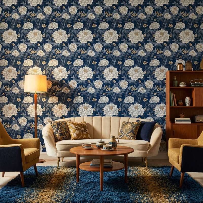 Élégant papier peint floral bleu marine traditionnel, Non tissé, non collé