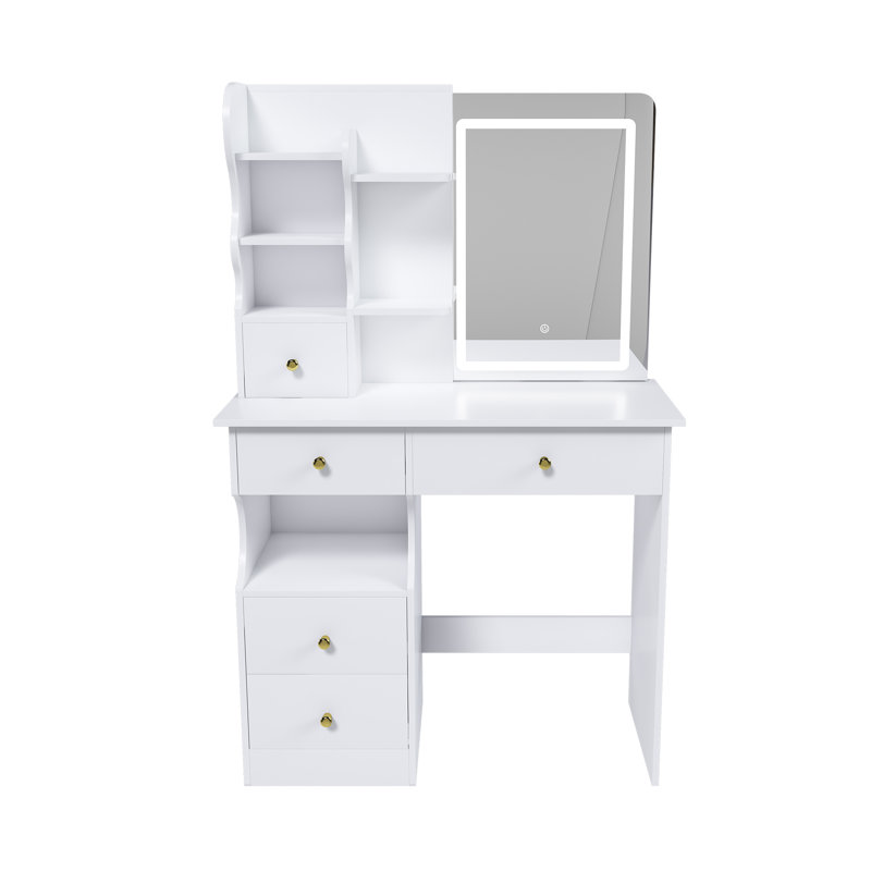 Coiffeuse blanche, miroir et lumière DEL, coiffeuse à 5 tiroirs, miroir mobile et caché, écran tactile en mode 3 couleurs, rangement pour chambres à coucher pour femmes et filles