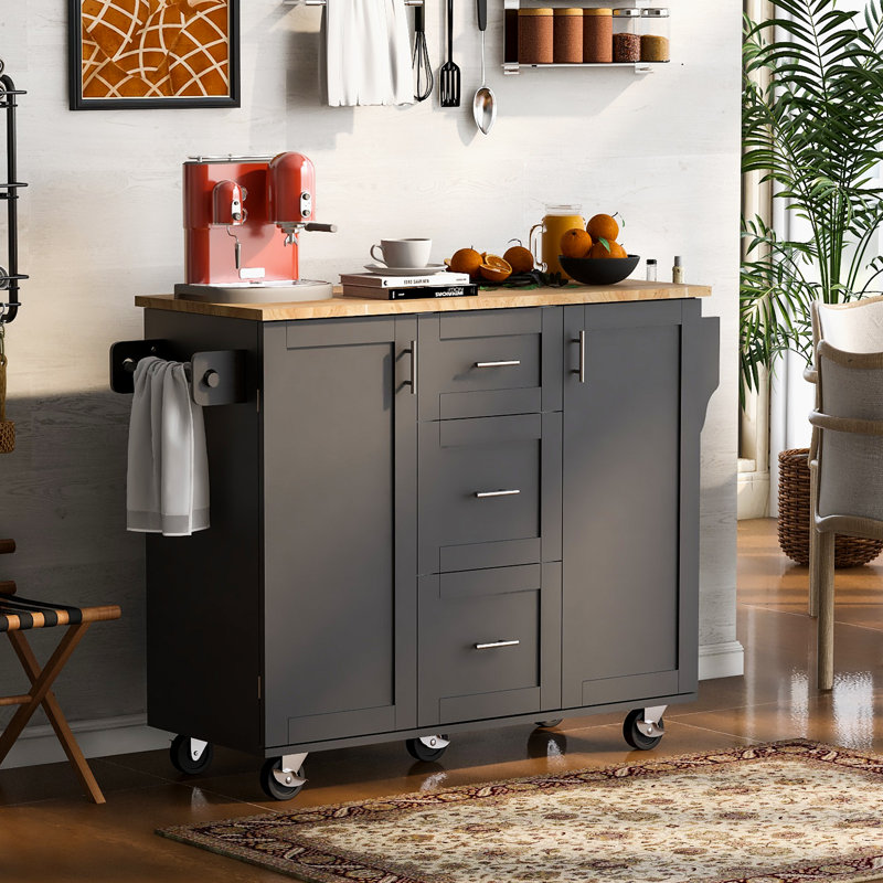 Rolling Kitchen Island With Storage, Black Kitchen Cart With Rubber Wood Top, 3 Drawer, 2 Shelf, Spice Rack, And Tower Rack On Wheels | Gift Idea