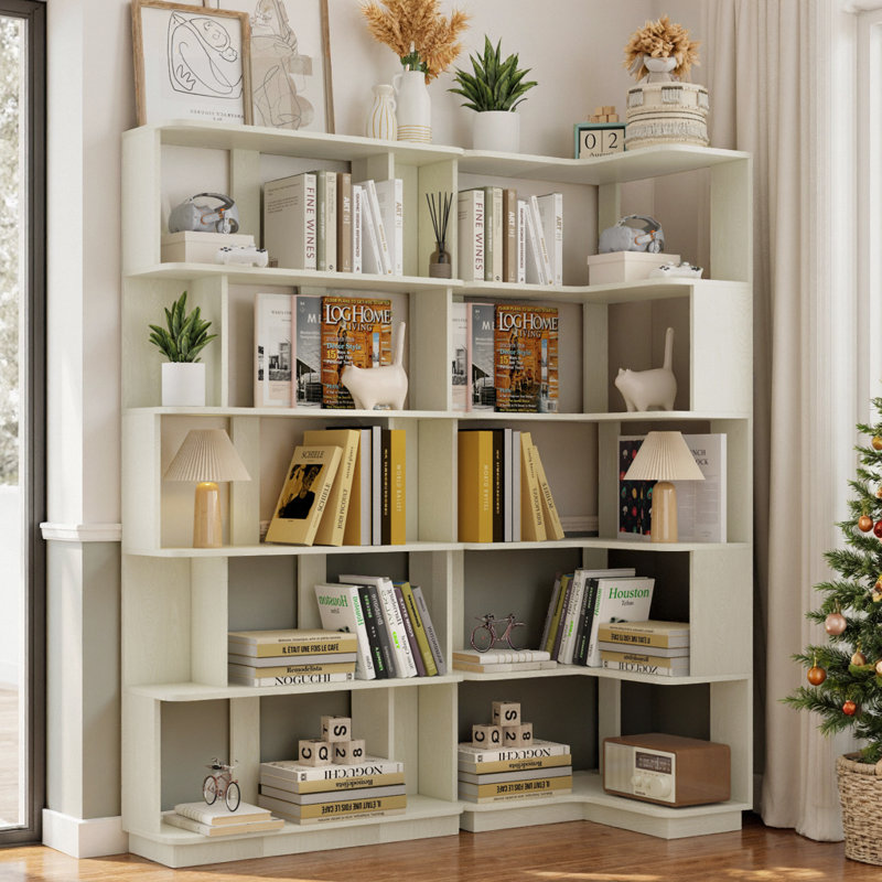 2-Piece Space-Saving Corner Bookshelf Set, Free Combination, Flexible Assembly For Home Office, White