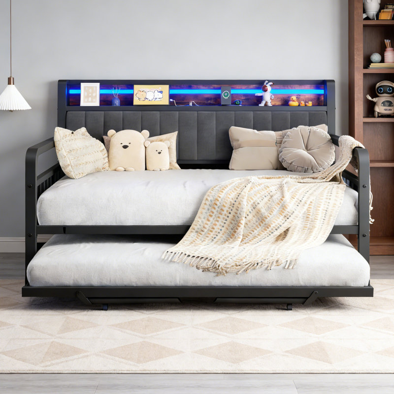 Multifunctional Sofa Bed With Foldable Table & LED Charging Headboard – Pull-Out Trundle Daybed For Small Spaces, Black
