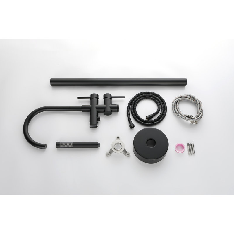 Freestanding Tub Filler Matte Black With Handheld Shower And 360 Degree Rotatable Hose, Stainless Steel, Floor Mounted Control Head,