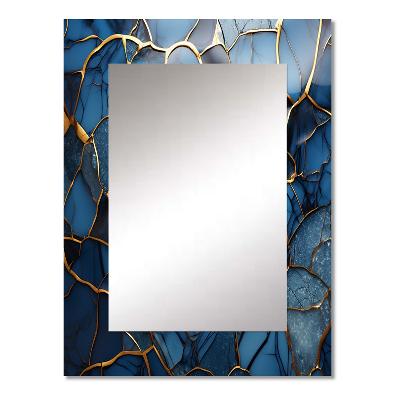 Or et mosaïque de marbre bleu agate III - miroir unique abstrait, grand miroir mural moderne, impression d'art en métal