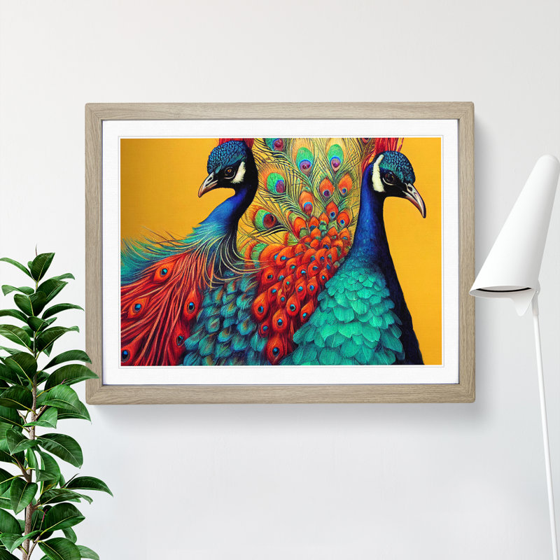 XH1022-6749X Pair Of Peacocks - Single Picture Frame Print, 46cm H x 64cm W x 2cm D, Oak