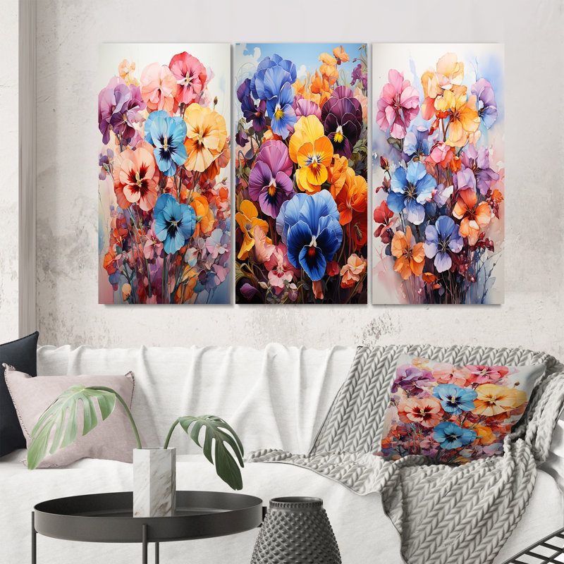 «Pansies Représentation multicolore acrylique I», 3 pièces sur toile, H 20 po x l 36 po, Toile tendue