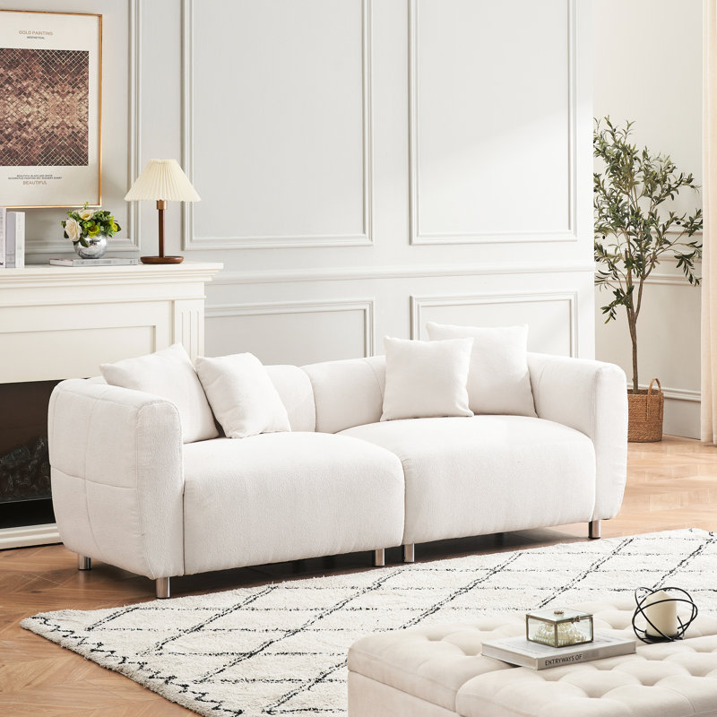 Canapé surdimensionné de 226 cm avec pieds en métal, structure en bois massif, 4 coussins pour salon, maison - Blanc, coussin d'assise enveloppant, coussin en coton style poupée, design confortable et tendance pour la réception, carré