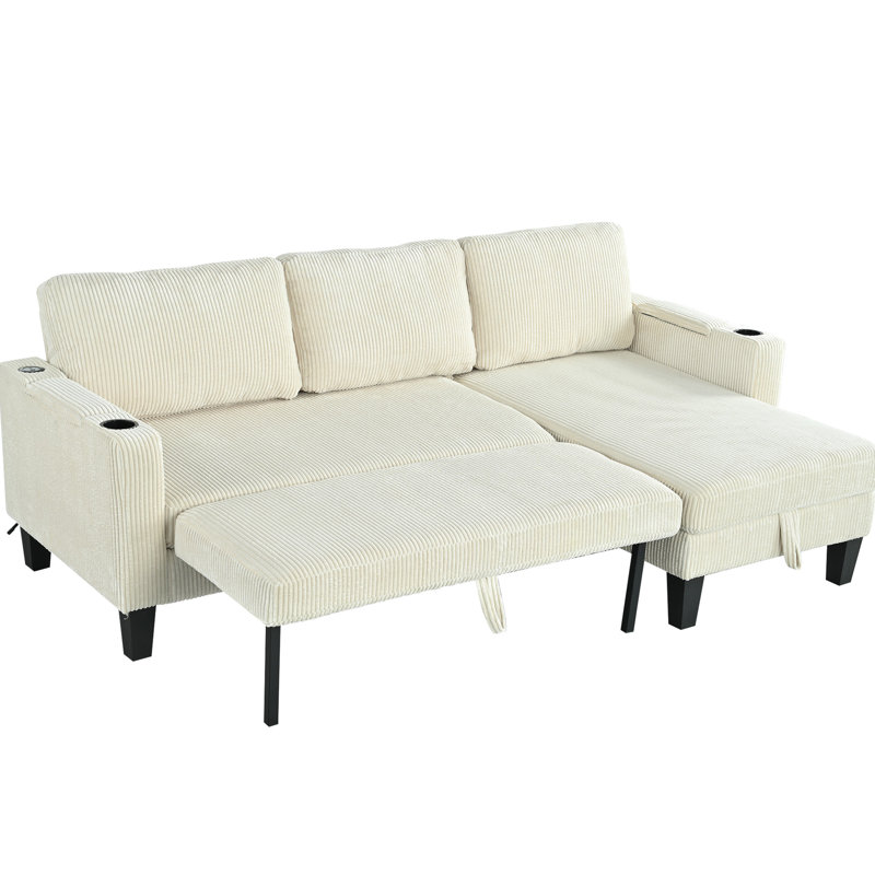 3 canapé-lit modulaire réversible en velours côtelé avec méridienne avec rangement, porte-gobelets sur les accoudoirs, ports, idéal pour le salon, la chambre à coucher, le bureau - beige, 84,92 po de profondeur, 50,78 de largeur, 33,81 hauteur, 112,34 lb