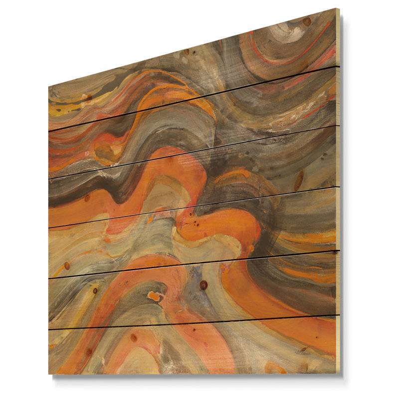Abstrait vagues dorées abstraites - reproduction contemporaine sur bois de pin naturel, H 16 po x l 16 po x P 1 po