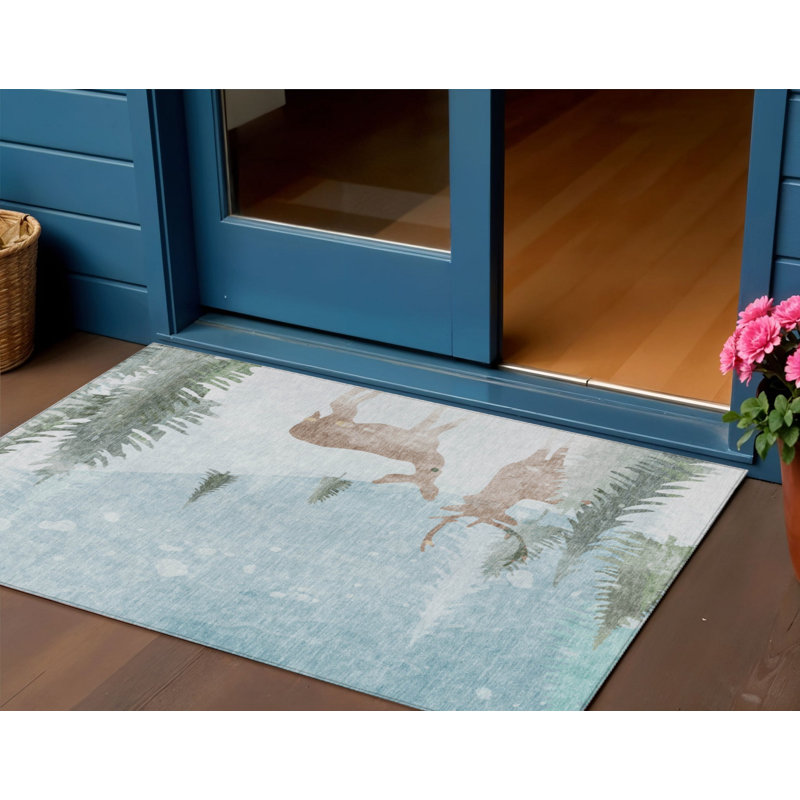 Tapis extérieur lavable ivoire et cerf kaki 3 pi x 5 pi bleu ciel