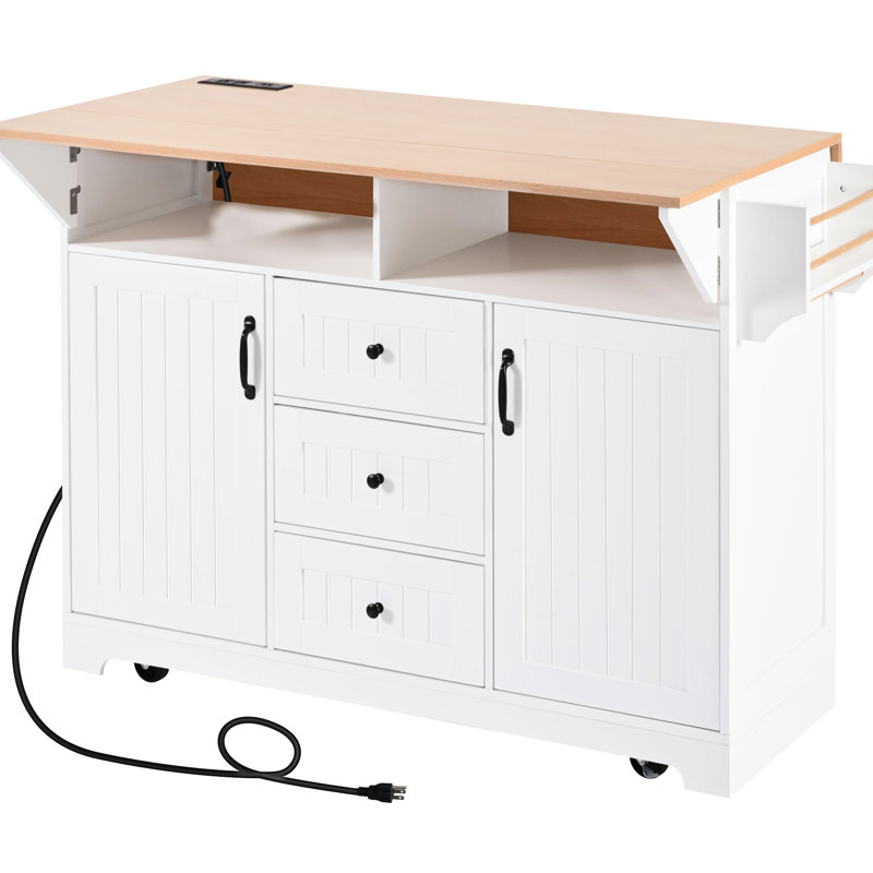 Îlot de cuisine 55,7 po avec 2 abattants, 5 roulettes, prise de courant, table de rangement pliante, 3 tiroirs, 5 mouvements blancs, douille, porte-serviettes,