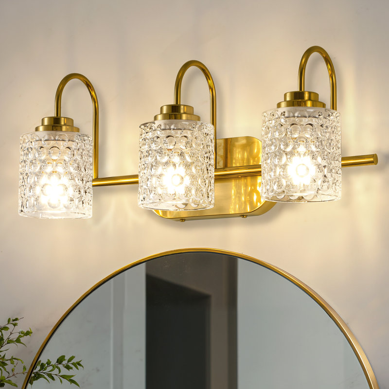 3-Light Modern Dimmable Bathroom Vanity Light with Dimpled Glass Shades, Gold