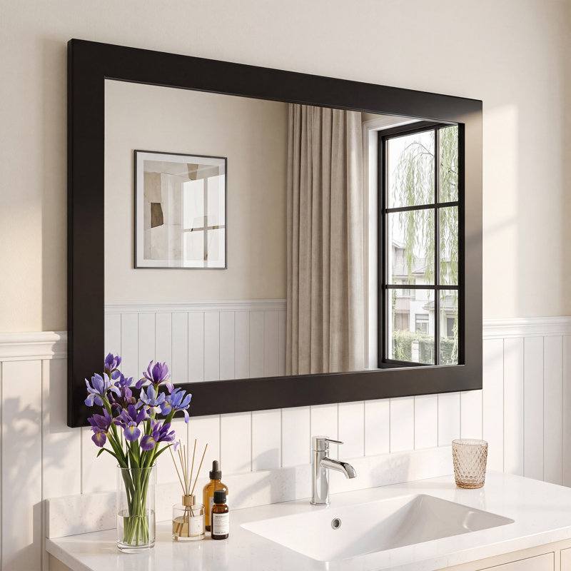 Miroir d'appoint en bois massif, miroir de meuble-lavabo mural en bois massif, 54"*36", Noir
