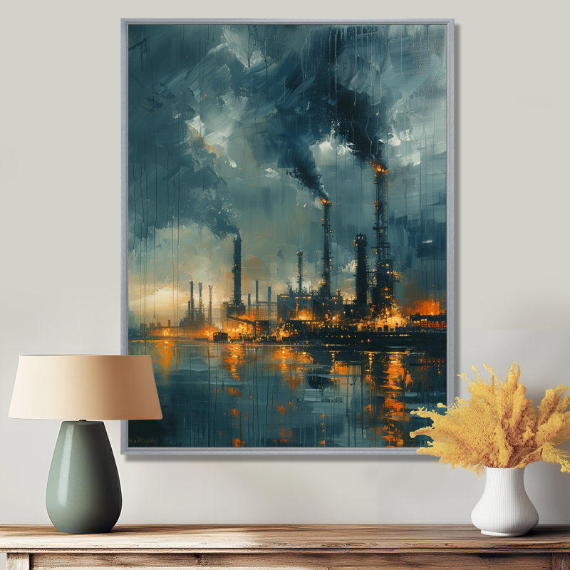Bleu, bleu, usines, paysage industriel I - usines, décoration murale, Toile argentée avec cadre flottant