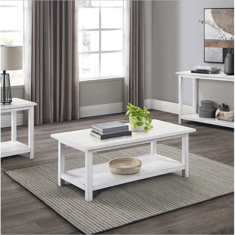Table basse en bois blanc patiné avec tablette Castleton, Blanc antique