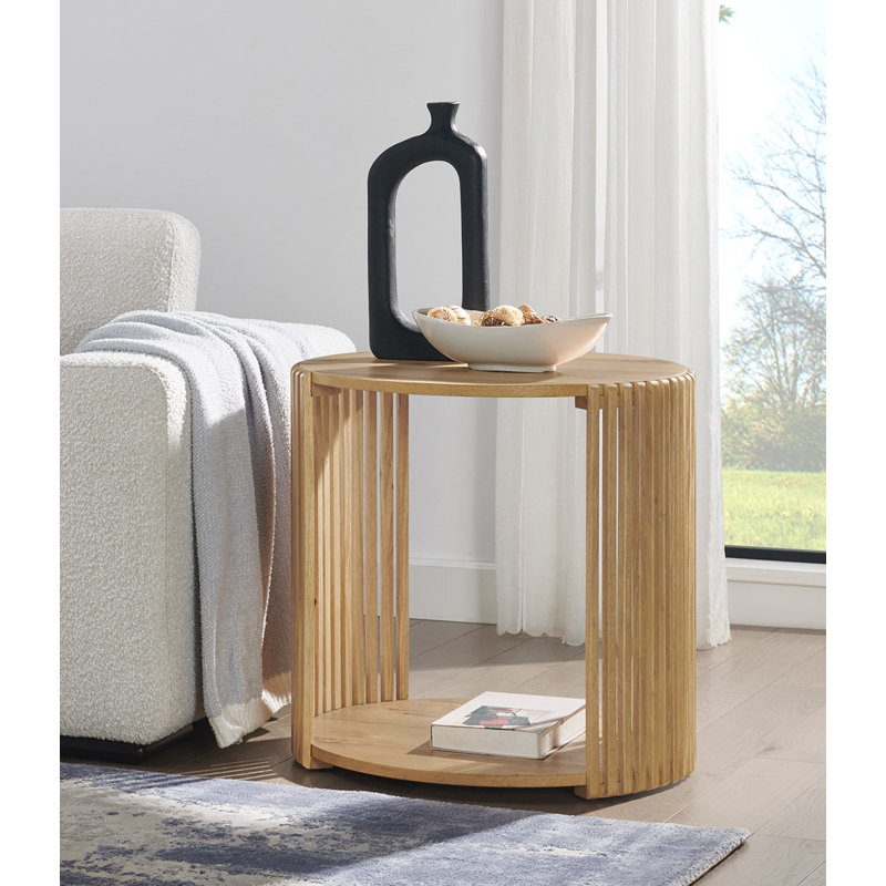 Table de bout ronde à lattes en bois avec tablette ouverte Estie, Chêne clair