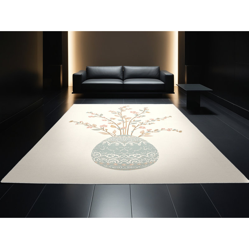 Machine Washable Artesian Easter Modern & Contemporary Abstract Rug in Beige – White Binding, 5x7