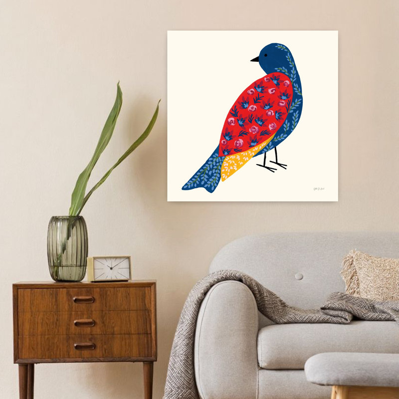 Art contemporain avec oiseau en fleurs, H 24 po x l 24 po