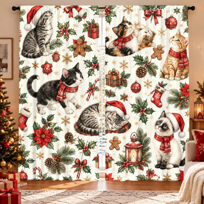 Ensemble de 2 foulards et bonnets de Père Noël imprimés avec de jolis chatons, occultantes, préservant votre intimité, avec œillets pour tringle, lavables à la machine, idéals pour le salon, la chambre d'enfant, ou comme rideaux décoratifs pour les fêtes. Un incontournable pour les fêtes !