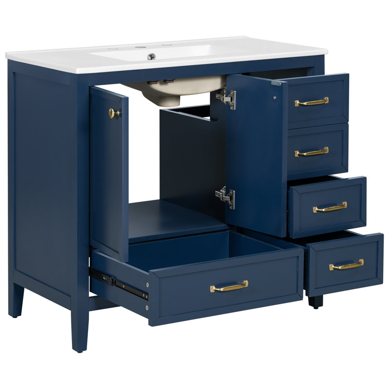 Élégant meuble-lavabo de 36 po avec lavabo en céramique, Bleu
