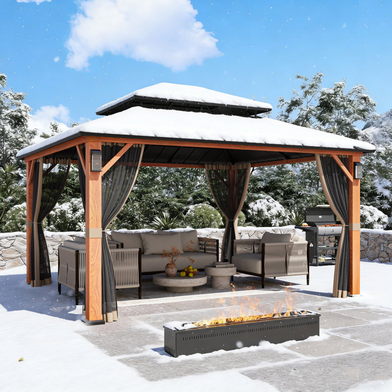 Pavillon de jardin à toit rigide 12 pi x 14 pi Hamilton avec lumières solaires auto-alimentées, moustiquaire et crochet pour auvent