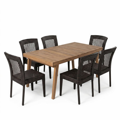 Ensemble de salle à manger 7 pièces pour patio, table rectangulaire en bois d'acacia de 69 po et 6 chaises de salle à manger en rotin de polyéthylène